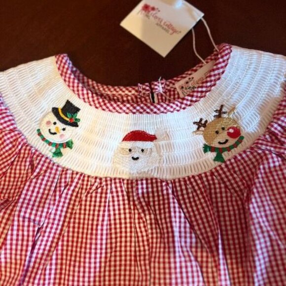 Red Gingham Baby Romper With Christmas Embroidery santa snowman,‎ reindeer - Picture 3 of 8